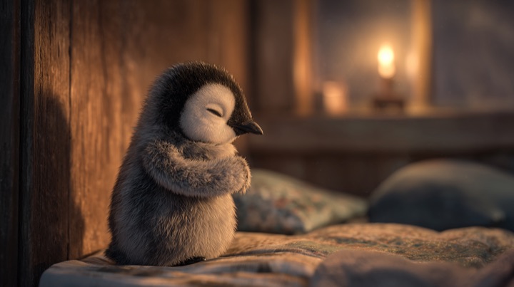 A little penguin resting quietly beside a bed in warm candlelight