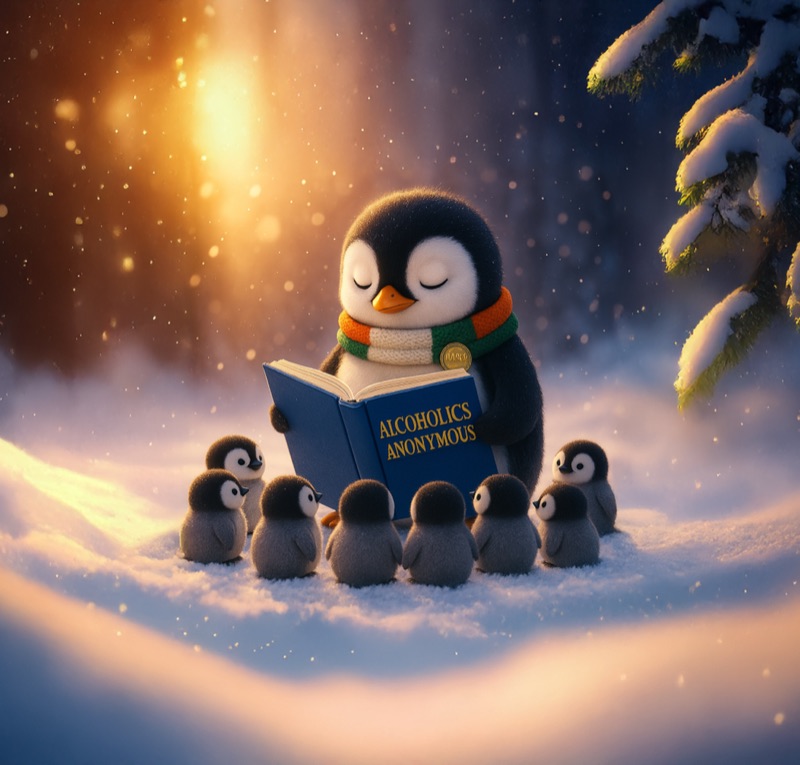 A penguin in an Irish tricolour scarf reading the Big Book to a little huddle